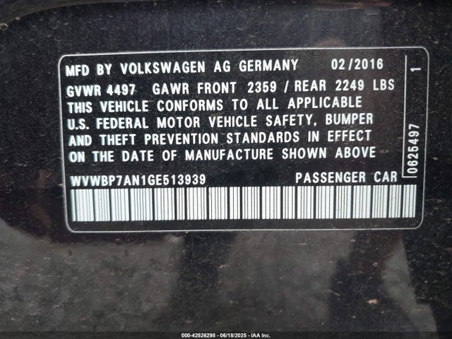 WVWBP7AN1GE513939 Volkswagen 2016