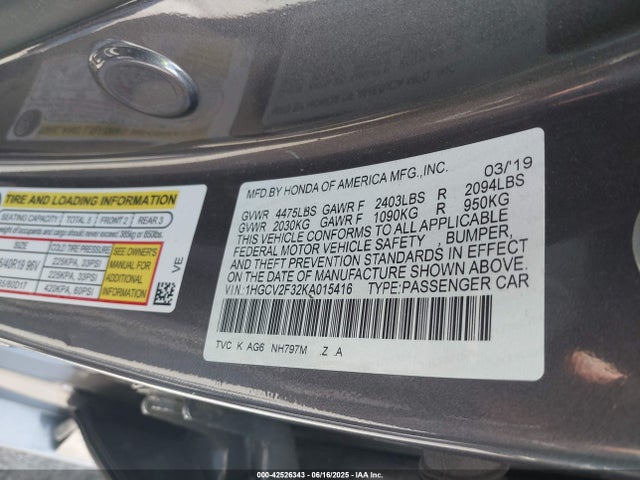 1HGCV2F32KA015416 Honda k20c4