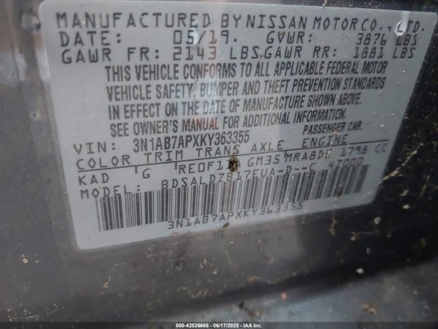 3N1AB7APXKY363355 Nissan SENTRA SV