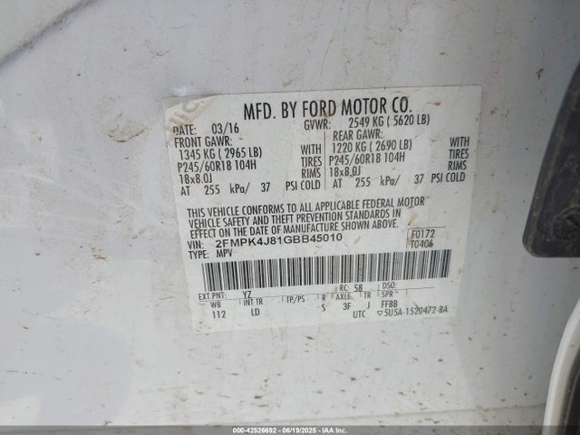 Ford Edge 2016 2FMPK4J81GBB45010 Image 9