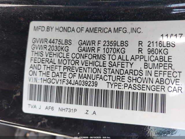 1HGCV1F34JA039239 Honda Accord Sport