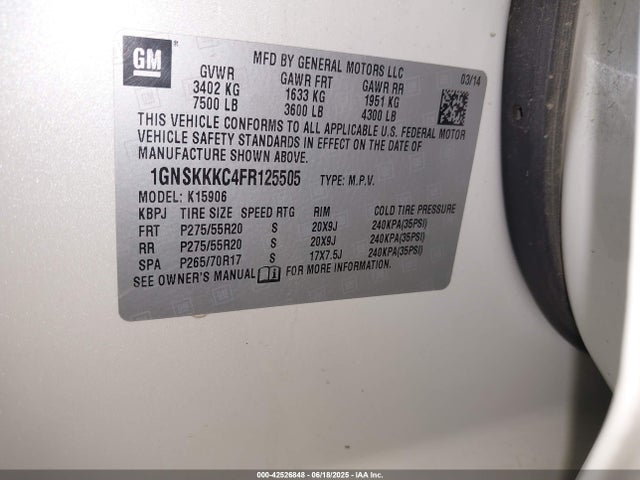 1GNSKKKC4FR125505 Chevrolet l83 - vvt, active fuel management, aluminum