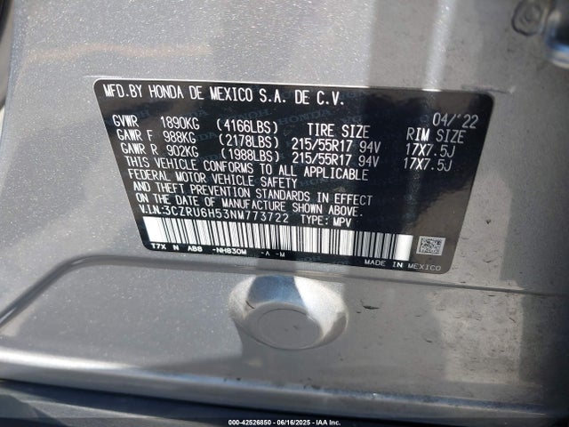 3CZRU6H53NM773722 Honda r18z9