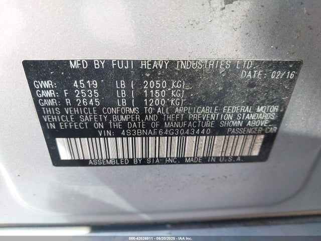 4S3BNAF64G3043440 Subaru 2.5l u5