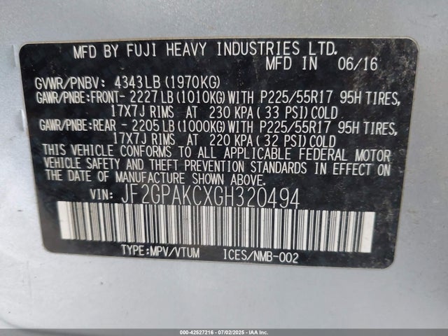 Subaru naturally aspirated 2016 JF2GPAKCXGH320494 Image 9