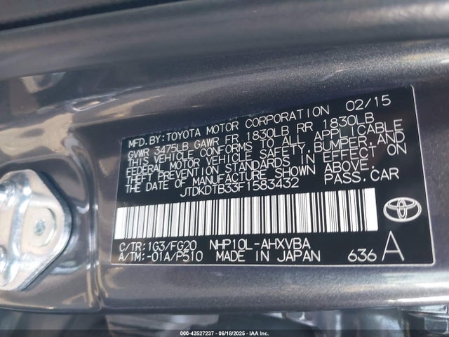 JTDKDTB33F1583432 Toyota 1nz-fxe+1lm