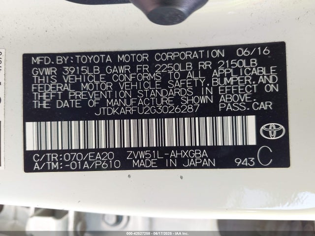 JTDKARFU2G3026287 Toyota 2zr-fxe,1nm