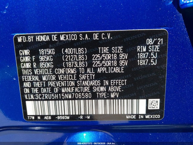 3CZRU5H15NM706580 Honda r18z9