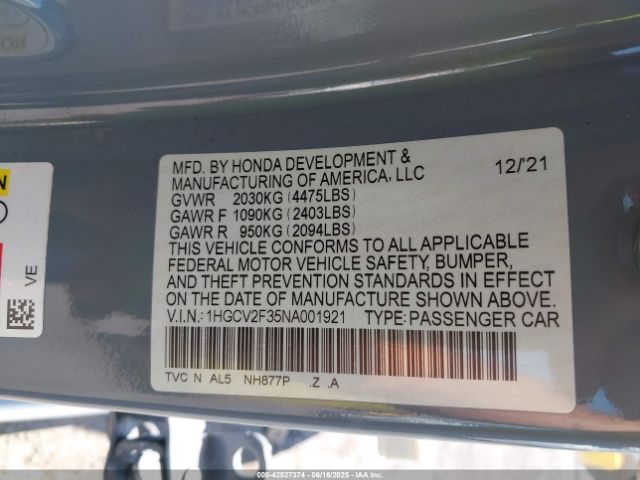 2022 HONDA ACCORD 1HGCV2F35NA001921 Photo 8