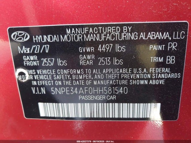 5NPE34AF0HH581540 Hyundai 2017