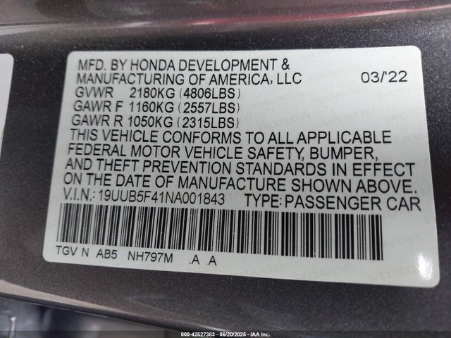 19UUB5F41NA001843 Acura k20c6