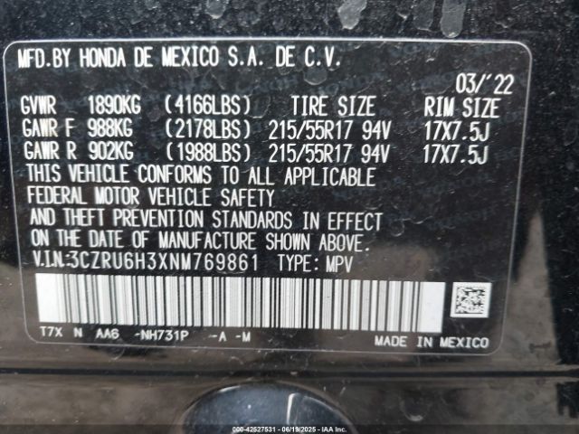 2022 HONDA HR-V 3CZRU6H3XNM769861 Photo 8