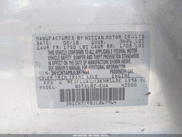 3N1CN7AP8JL867964 Nissan 2018