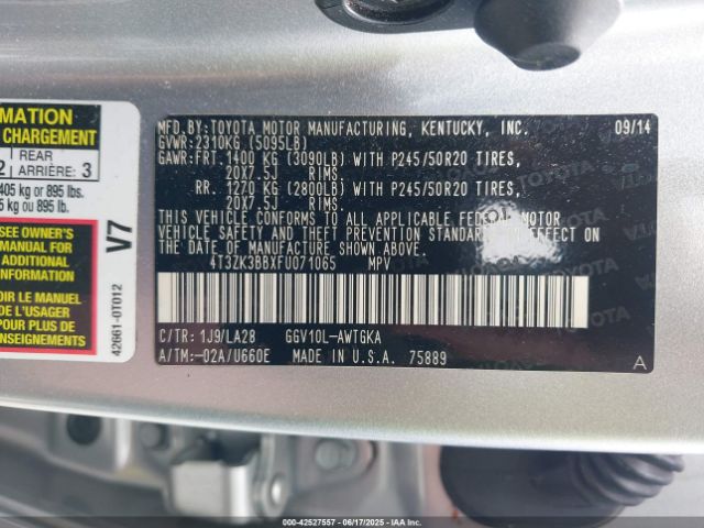 4T3ZK3BBXFU071065 Toyota 2gr-fe