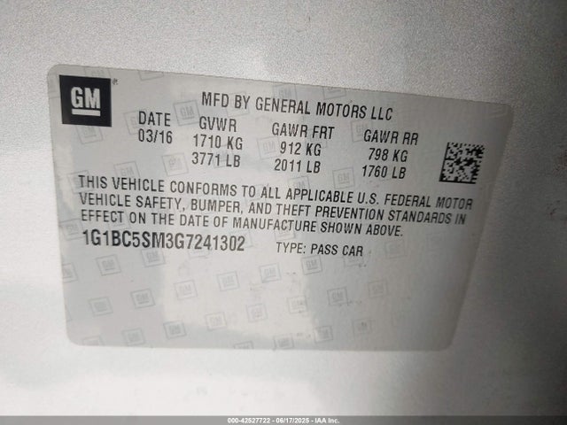 1G1BC5SM3G7241302 Chevrolet le2 - di: direct injection, alum, vvt, gen i, gmna