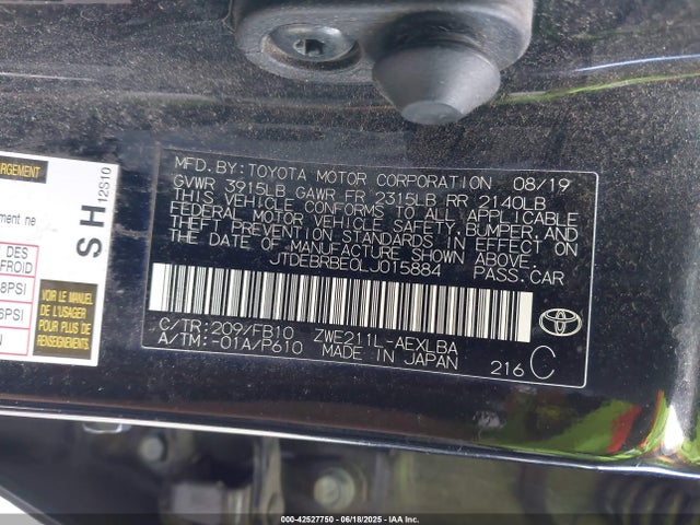 JTDEBRBE0LJ015884 Toyota 2zr-fxe, 1nm