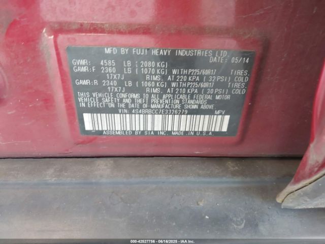4S4BRBCC7E3326279 Subaru 2.5na u5