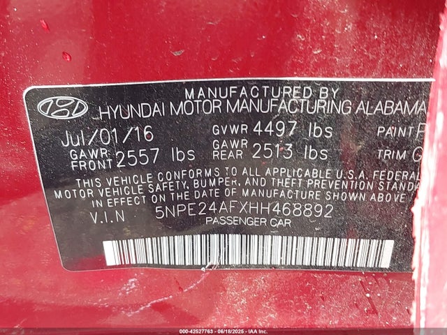 5NPE24AFXHH468892 Hyundai Sonata