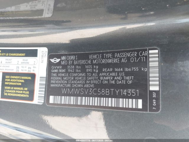 2011 MINI COOPER S WMWSV3C58BTY14351 Photo 8