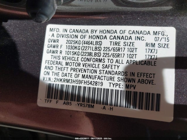 2HKRM3H59FH542819 Honda k24w9/k24v1