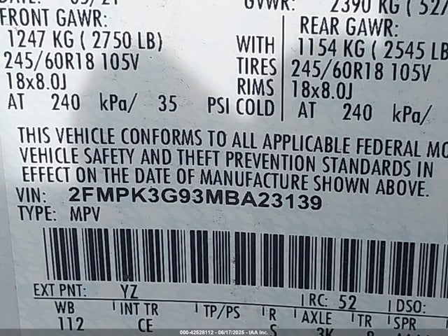 2FMPK3G93MBA23139 Ford 2.0l gtdi w/premium fuel