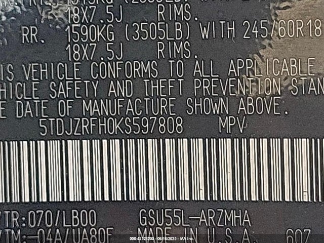 5TDJZRFH0KS597808 Toyota Highlander Se/xle