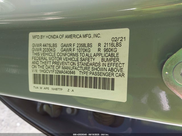 1HGCV1F32MA040846 Honda l15be