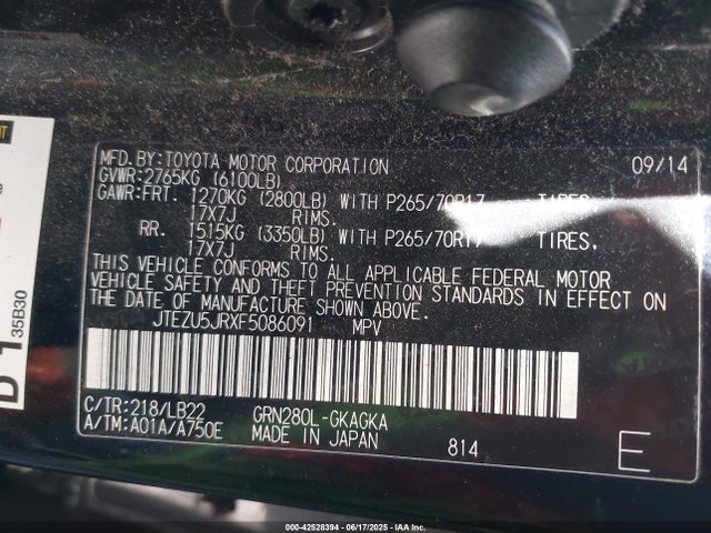 JTEZU5JRXF5086091 Toyota 1gr-fe