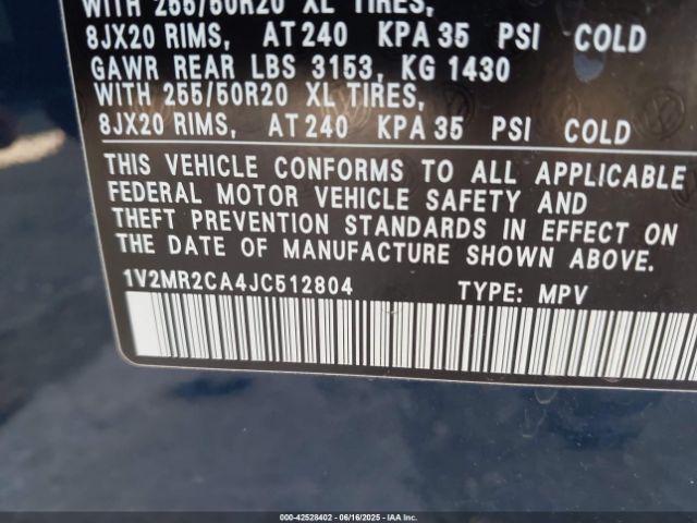 1V2MR2CA4JC512804 Volkswagen Atlas 3.6l V6 Sel