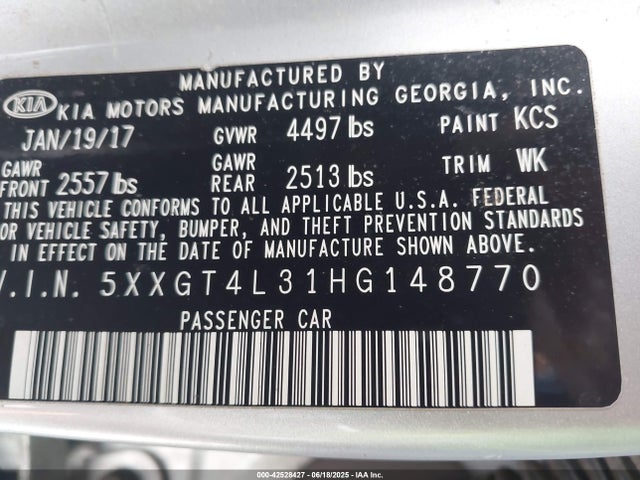 5XXGT4L31HG148770 KIA g 2.4 dohc gdi