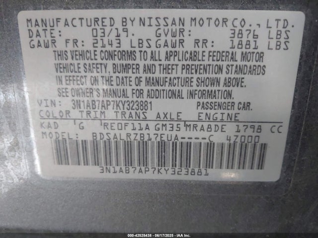 3N1AB7AP7KY323881 Nissan 2019