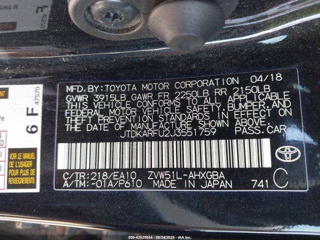 Toyota 2zr-fxe,1nm 2018 JTDKARFU2J3551759 Image 9