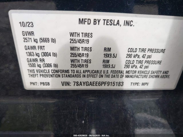 42528620 :رقم المزاد ، 7SAYGAEE6PF915183 vin ، 2023 Tesla Model Y Awd/long Range Dual Motor All-wheel Drive مزاد بيع
