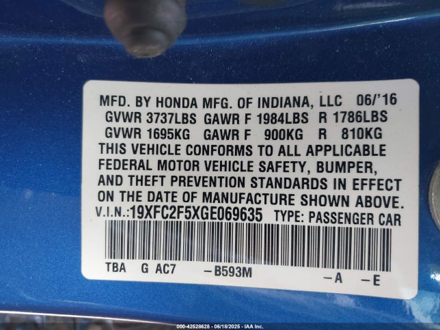 42528628 :رقم المزاد ، 19XFC2F5XGE069635 vin ، 2016 Honda Civic Lx مزاد بيع