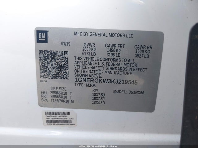 Продажа на аукционе авто 2019 Chevrolet Traverse 1lt, vin: 1GNERGKW3KJ219545, номер лота: 42528716