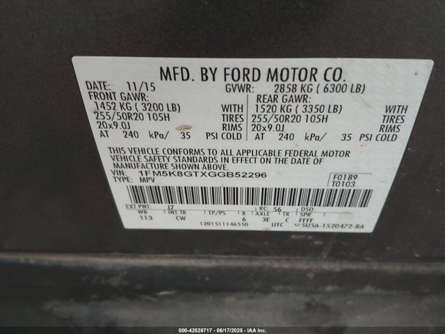 1FM5K8GTXGGB52296 Ford 2016