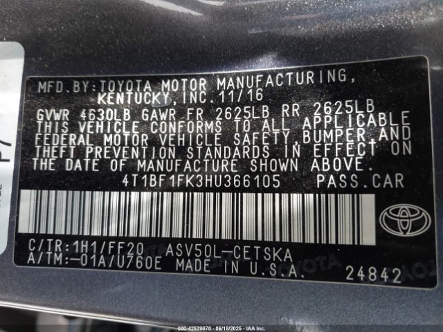 4T1BF1FK3HU366105 Toyota 2ar-fe