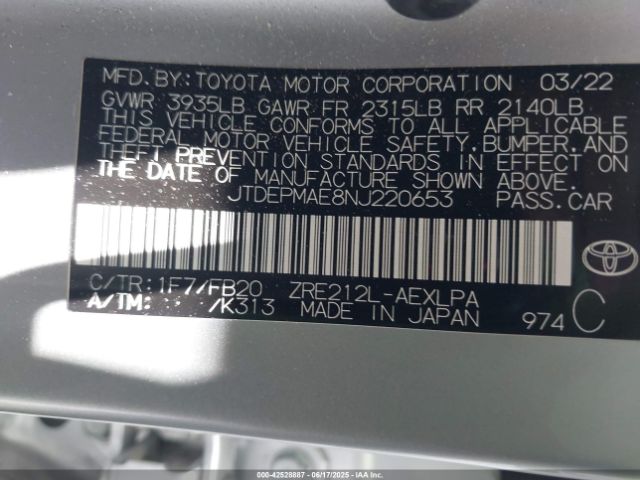 JTDEPMAE8NJ220653 Toyota 2zr-fae