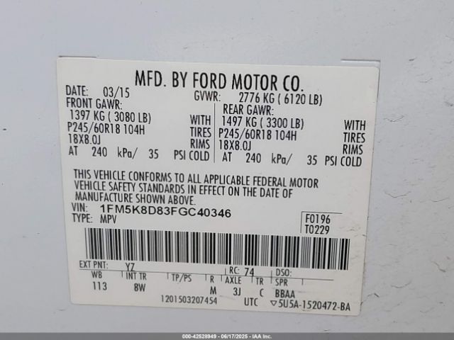 1FM5K8D83FGC40346 Ford Explorer