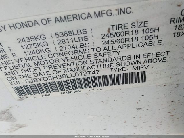 2020 ACURA MDX 5J8YD3H38LL012747 Photo 8