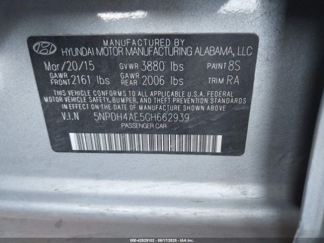 5NPDH4AE5GH662939 Hyundai dohc mpi nu