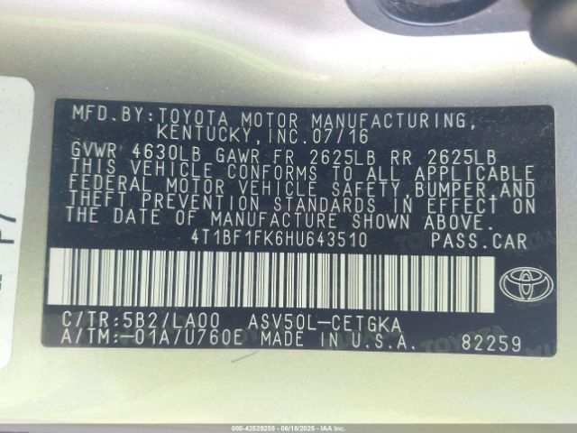 4T1BF1FK6HU643510 Toyota 2ar-fe