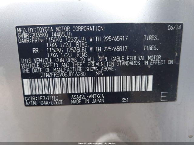 JTMZFREV0EJ016280 Toyota 2ar-fe