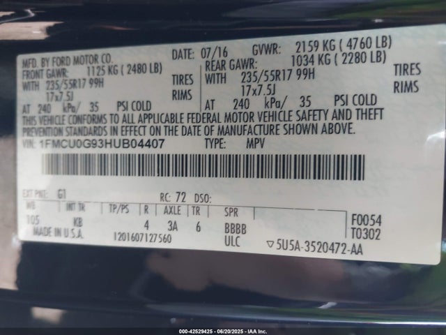 1FMCU0G93HUB04407 Ford Escape