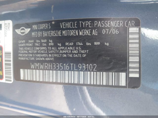2006 MINI COOPER S WMWRH33516TL93102 Photo 8
