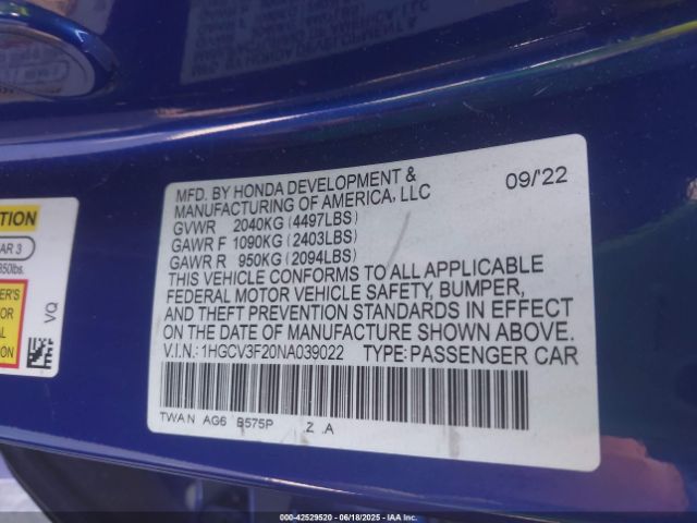 2022 HONDA ACCORD 1HGCV3F20NA039022 Photo 8