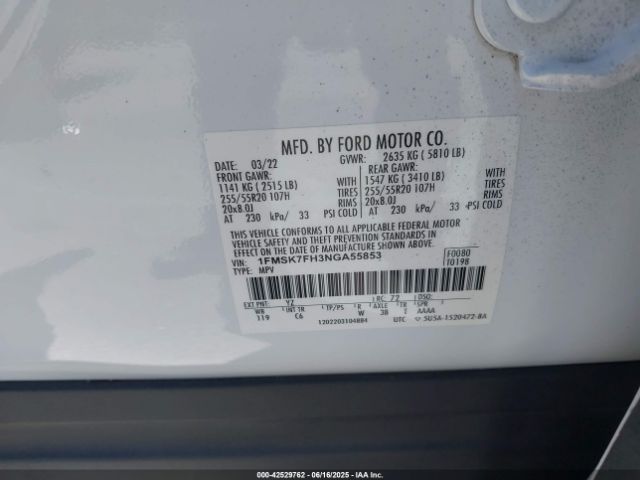 1FMSK7FH3NGA55853 Ford Explorer Limited