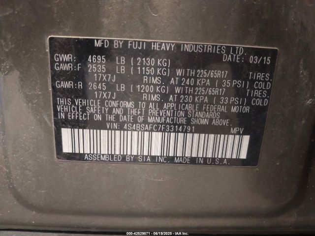 4S4BSAFC7F3314791 Subaru 2.5l u5