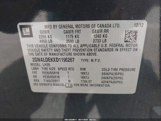 2013 Chevrolet Equinox 1lt მანქანა იყიდება აუქციონზე, vin: 2GNALDEKXD1196267, აუქციონის ნომერი: 42529911