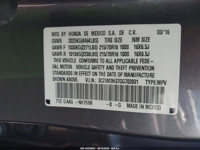 3CZRM3H37GG702831 Honda k24w9/k24v1